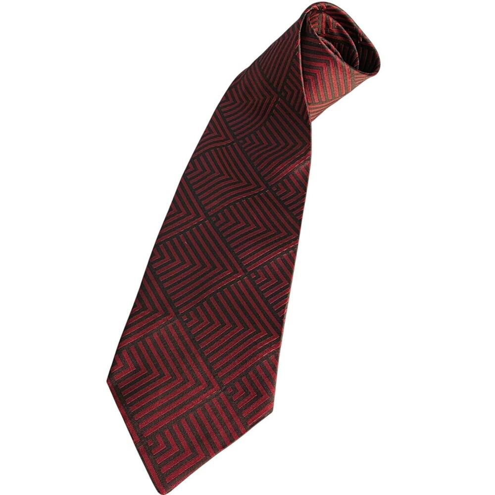 Caravaggio Pure Italian Silk Red Brown Geometric Stripe Neck Tie Made in Italy
